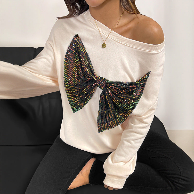 Sequined Bow Pullover Sweatshirt — Women’s Glitter Accent Top