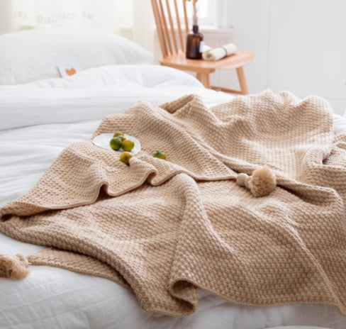 Nordic Fringed Knit Ball Blanket – Soft Throw / Shawl