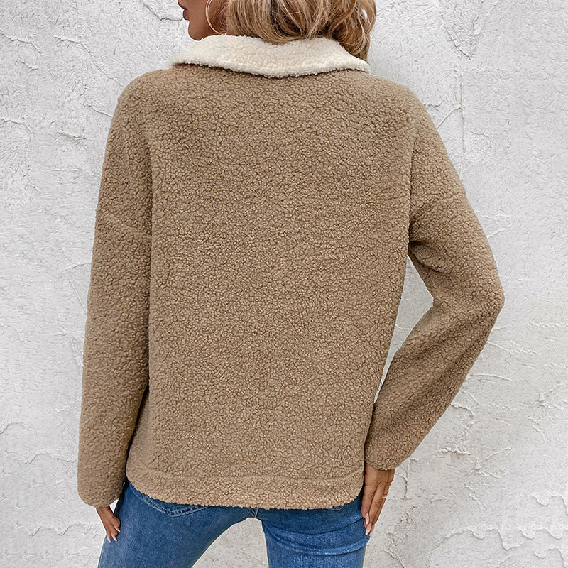 Stand-Collar Velvet-Lined Color-Block Sweater — Warm & Stylish