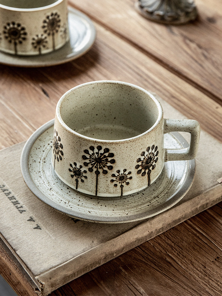 Japanese Coarse Pottery Coffee Cup & Plate Set