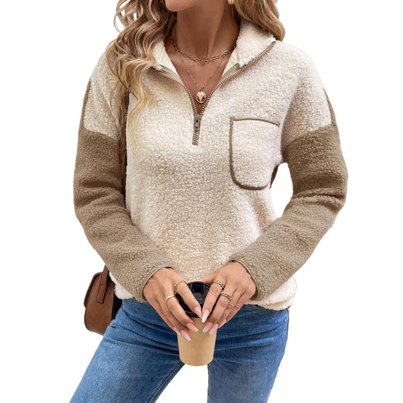Stand-Collar Velvet-Lined Color-Block Sweater — Warm & Stylish