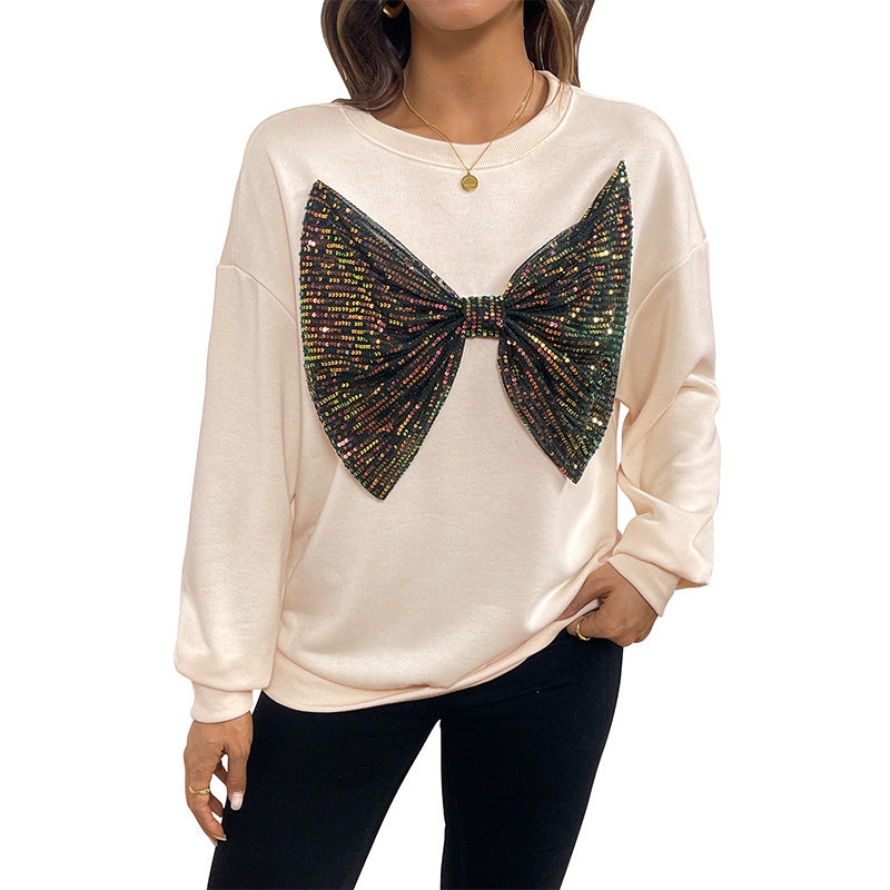 Sequined Bow Pullover Sweatshirt — Women’s Glitter Accent Top