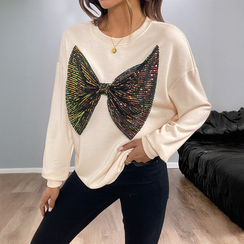 Sequined Bow Pullover Sweatshirt — Women’s Glitter Accent Top