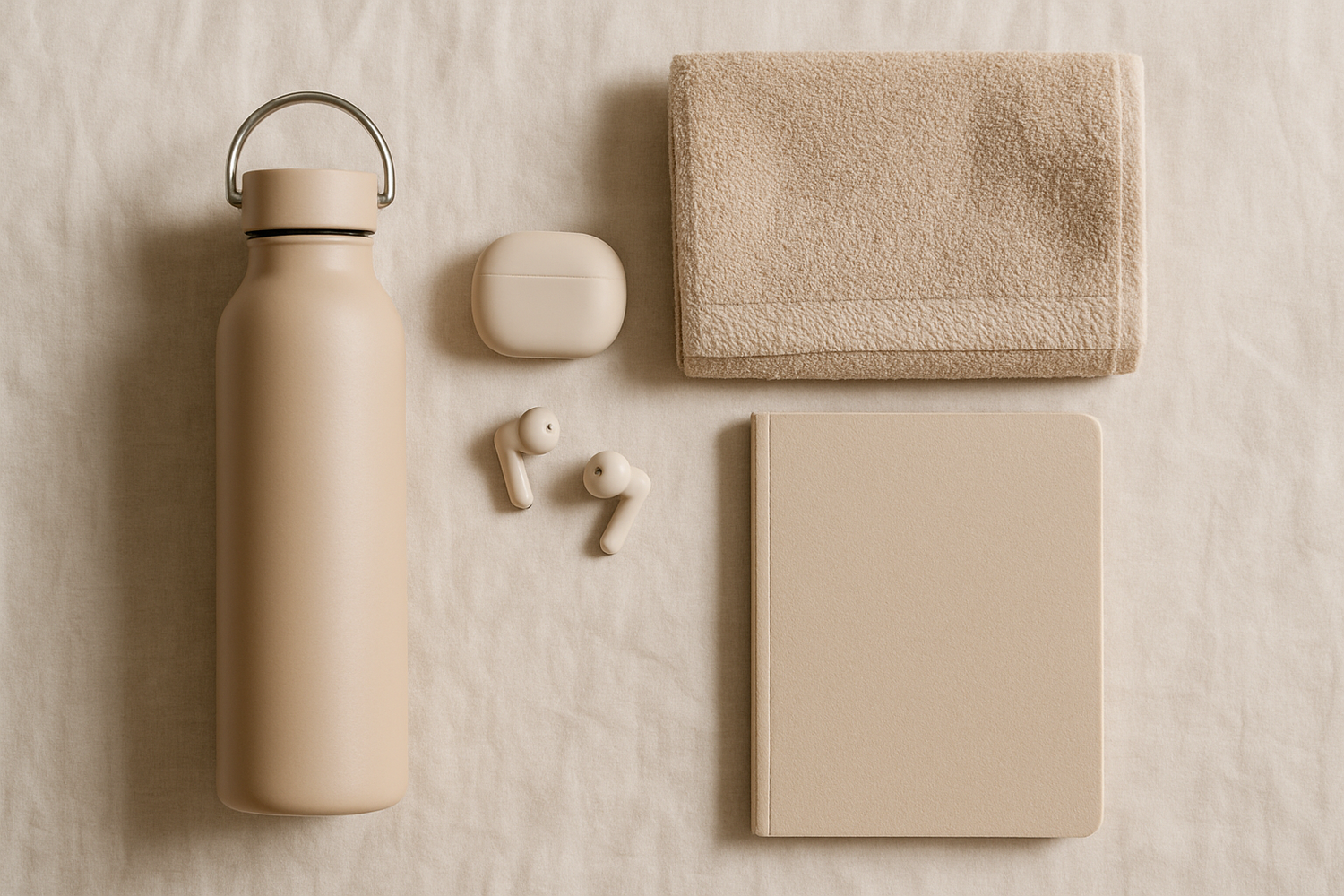 water bottle and earbuds on linen surface in neutral tones