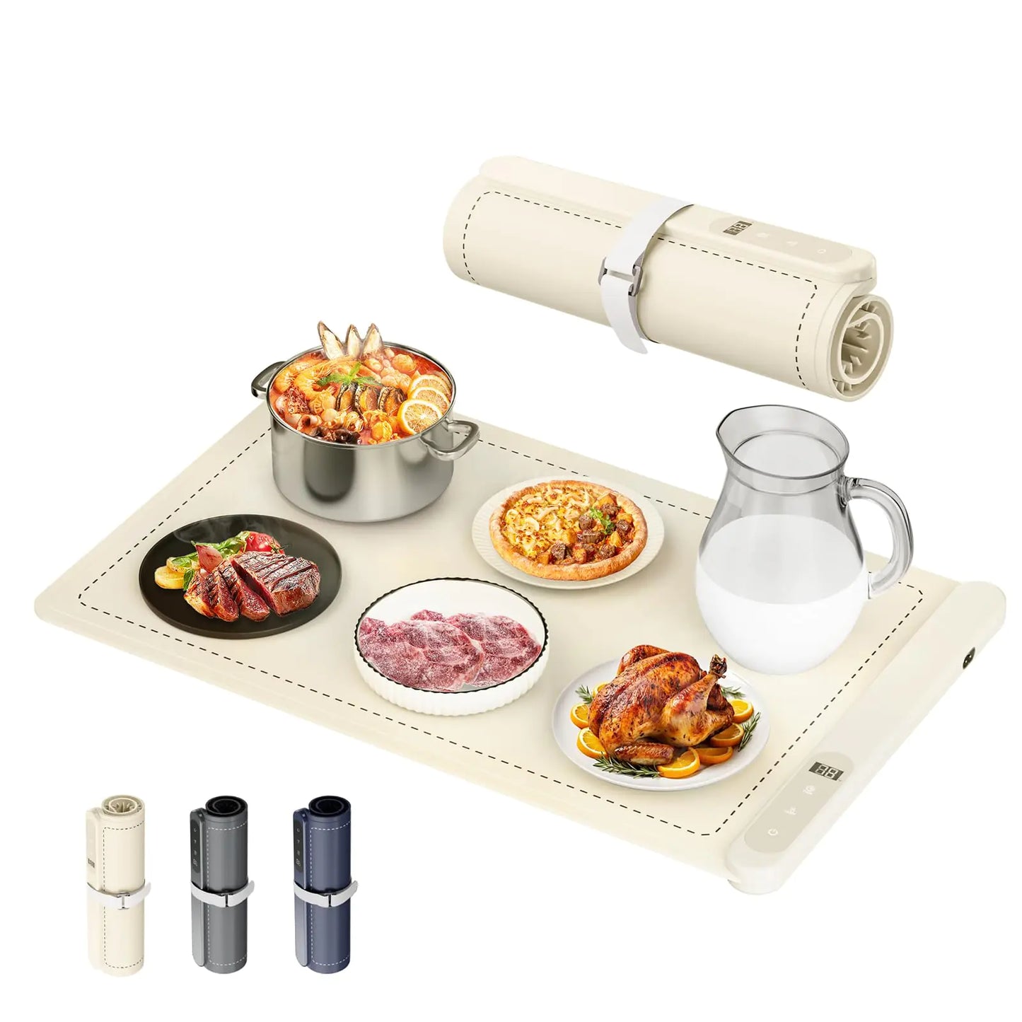 Set of food items including a pot, plates with various dishes, a glass pitcher, and cutlery on a tray.