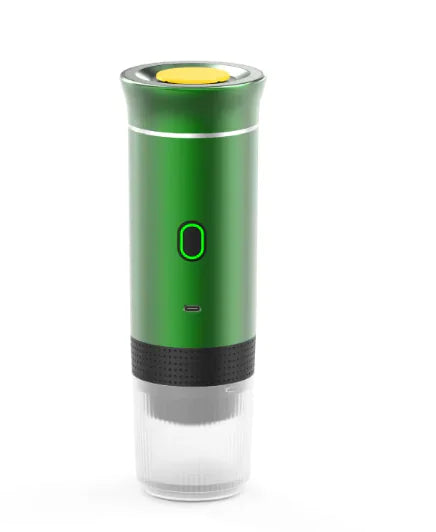 Green wireless capsule coffee maker with USB charging, portable design